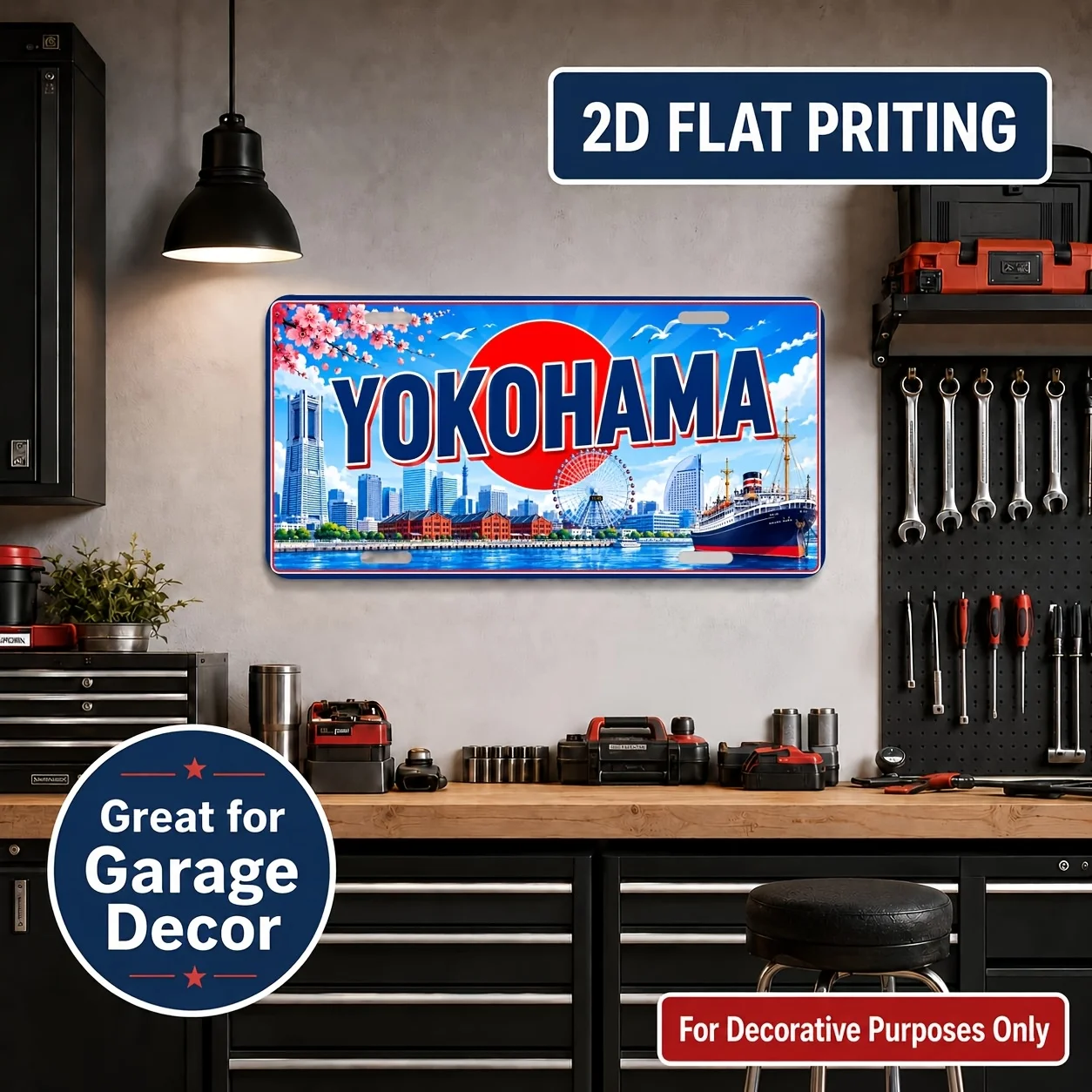 2D Flat, [2D Flat] 2D Flat Surface, 1pc, Vintage Metal License Plate Wall Sign, Yokohama Theme - Durable and Fade-Resistant, Ind