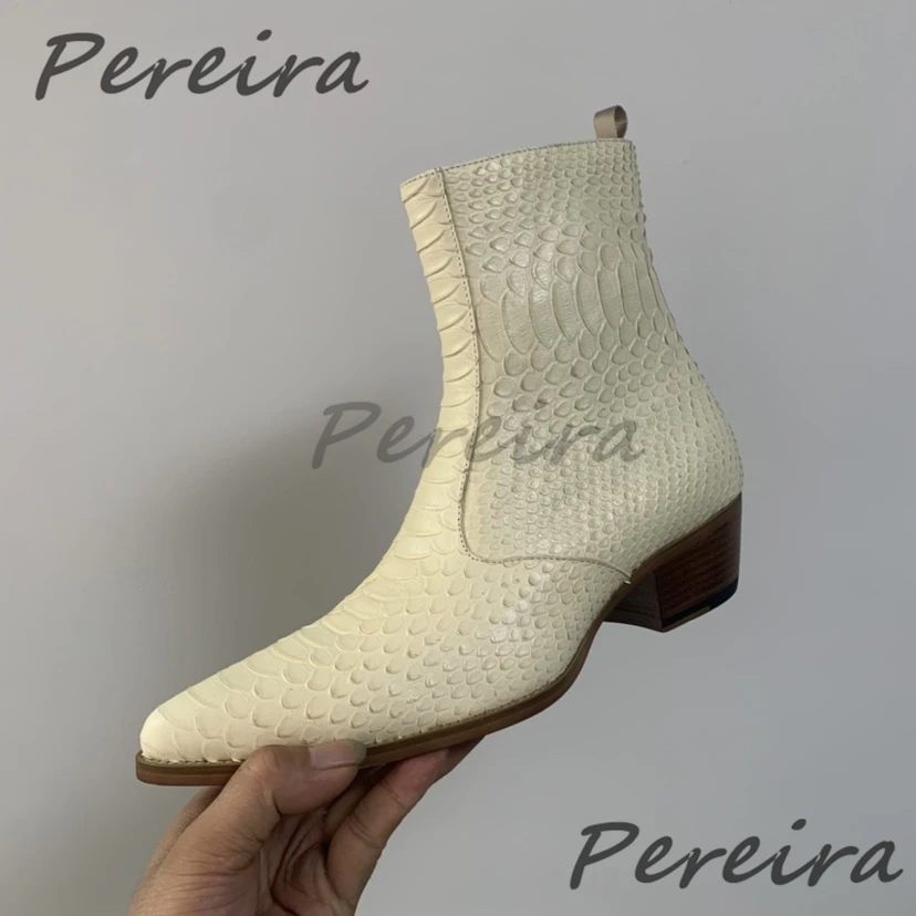 Men's Carved Snake Pattern Chelsea Boots Beige Genuine Leather Thick Heel Zipper Short Boots Trendy Party Banquet Dress Shoes