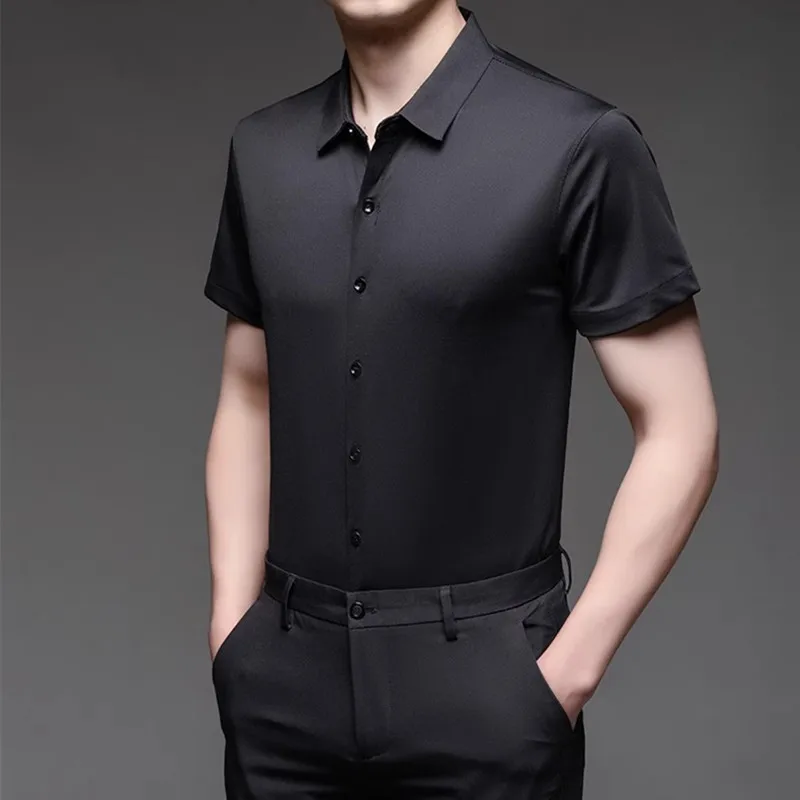 High Quality Dress Shirts For Men Business Casual Seamless Wrinkle Resistant Button Soft Elastic Luxurious Male White Clothing