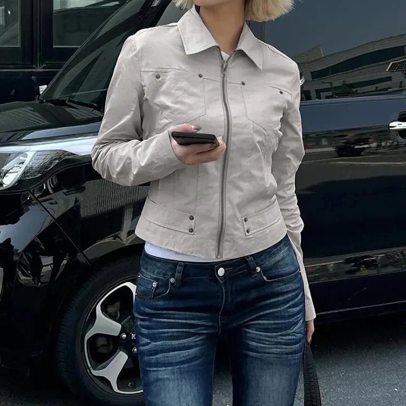

Women Jacket Pocketd Long Sleeve dCasual Zipper Coats Slim Fit Turn Down Collar Solid Outwear Elegant Lady Autumn 2025