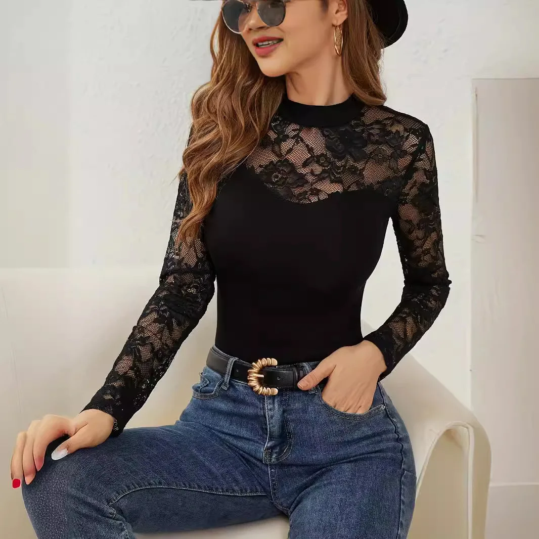 

2025 Fall/Winter New Fashion Lace Patchwork Long-Sleeve Small Stand Collar Pullover Base Layer T-Shirt Top for Women Tops Tees