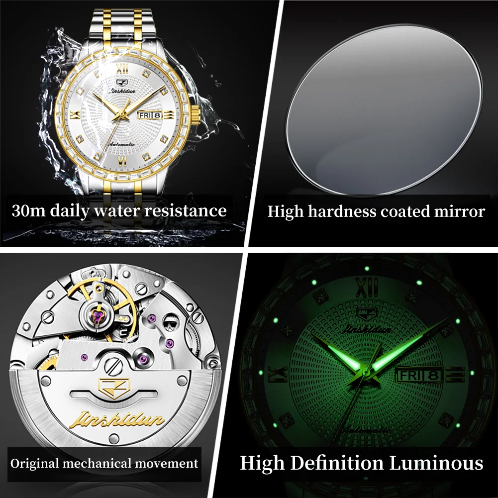 JSDUN 8959 Men's Watches Top Original Diamond Bezel Calendar Waterproof Automatic Mechanical Wristwatch for Men Luxury Man Watch