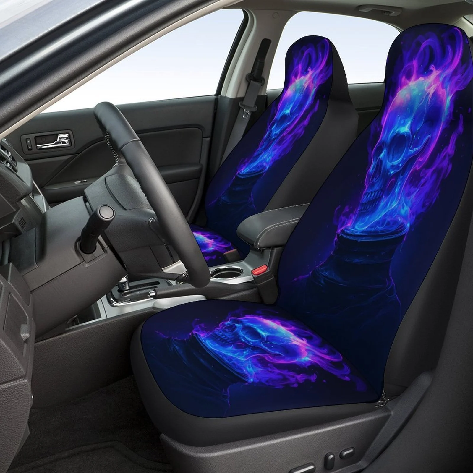 Glowing Skull Flame Designed Car Seat Cover Set For Most Cars, Trendy Novelty High-quality Car Seat Protector Covers Full Set,