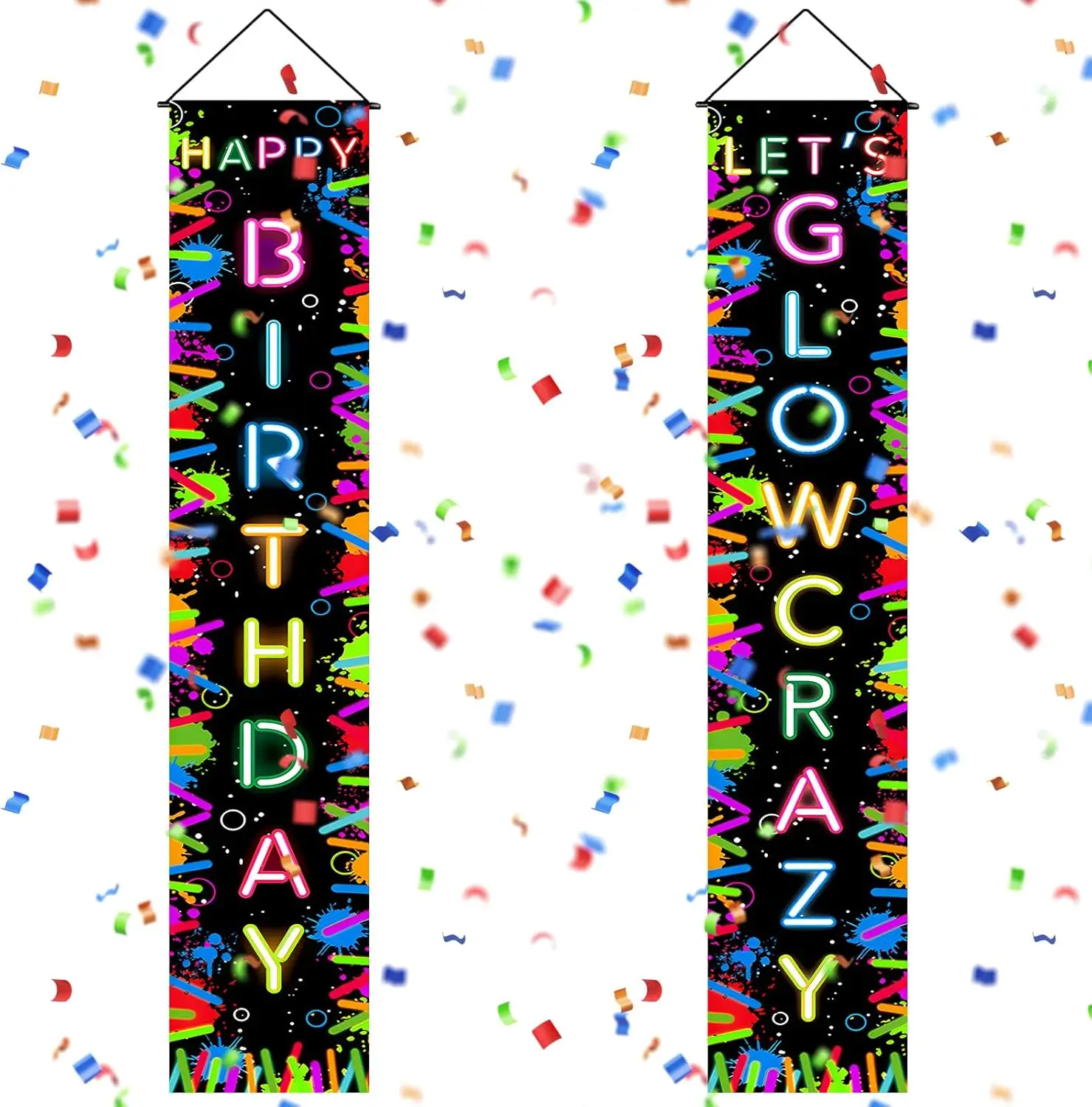 Glow in the Dark Party Banner Neon Happy Birthday Porch Sign Glow Party Backdrop for Birthday Party