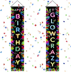 Glow in the Dark Party Banner Neon Happy Birthday Porch Sign Glow Party Backdrop for Birthday Party