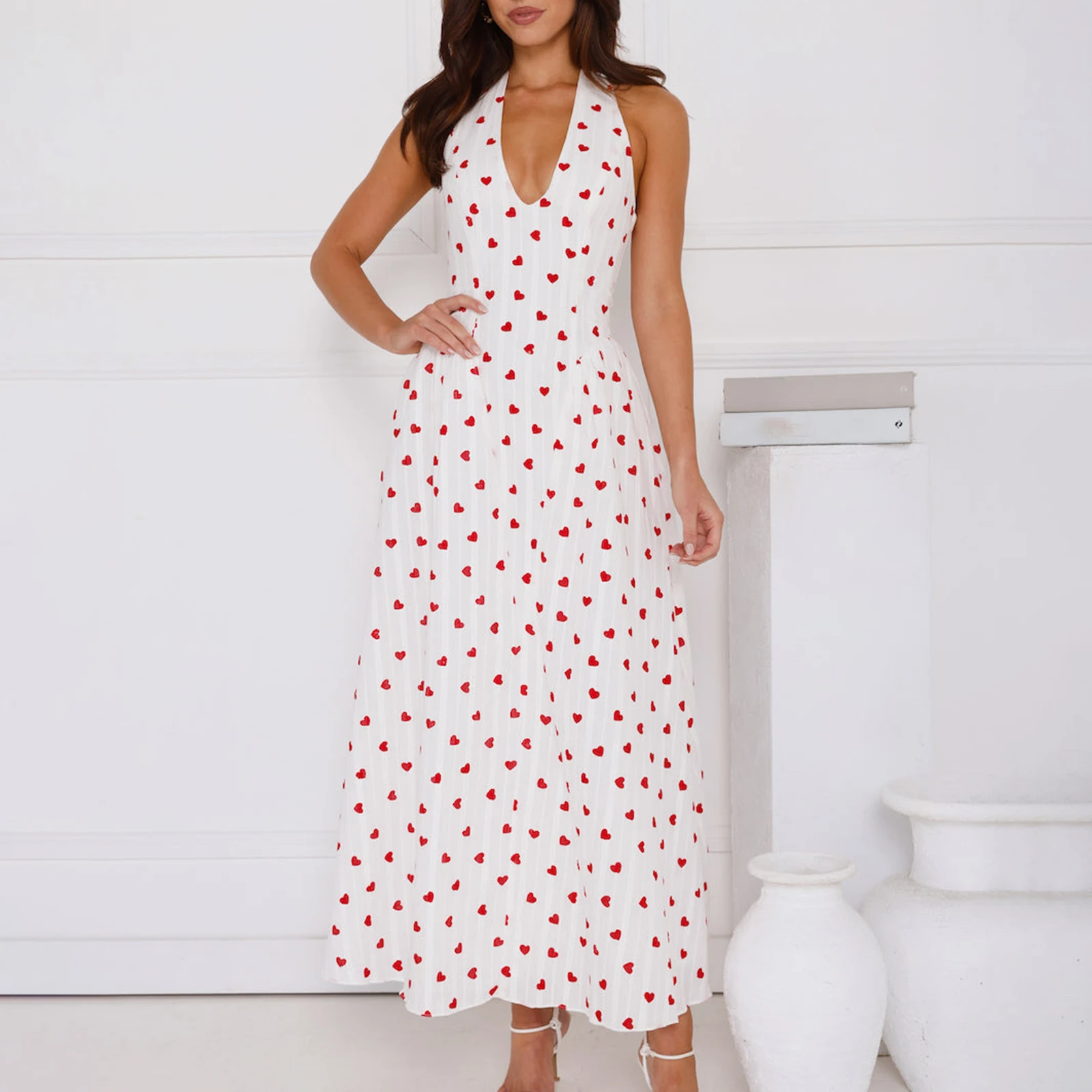 여성용 롱 원피스 하트 프린트 홀터 넥 민소매 원피스, 캐주얼 A 라인 원피스, 여름 패션