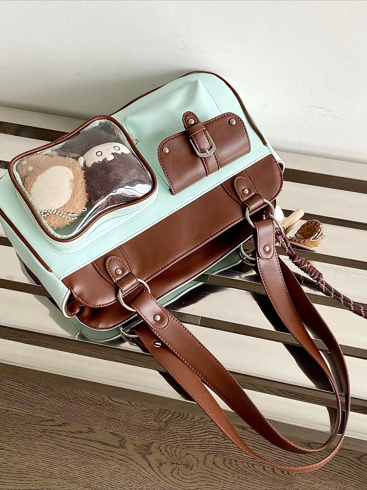 Vintage Color Block Ita Shoulder Bag Small Capacity Clear Window Tote for 10cm Plush Doll, Anime Pin Badge Photocard Display Bag