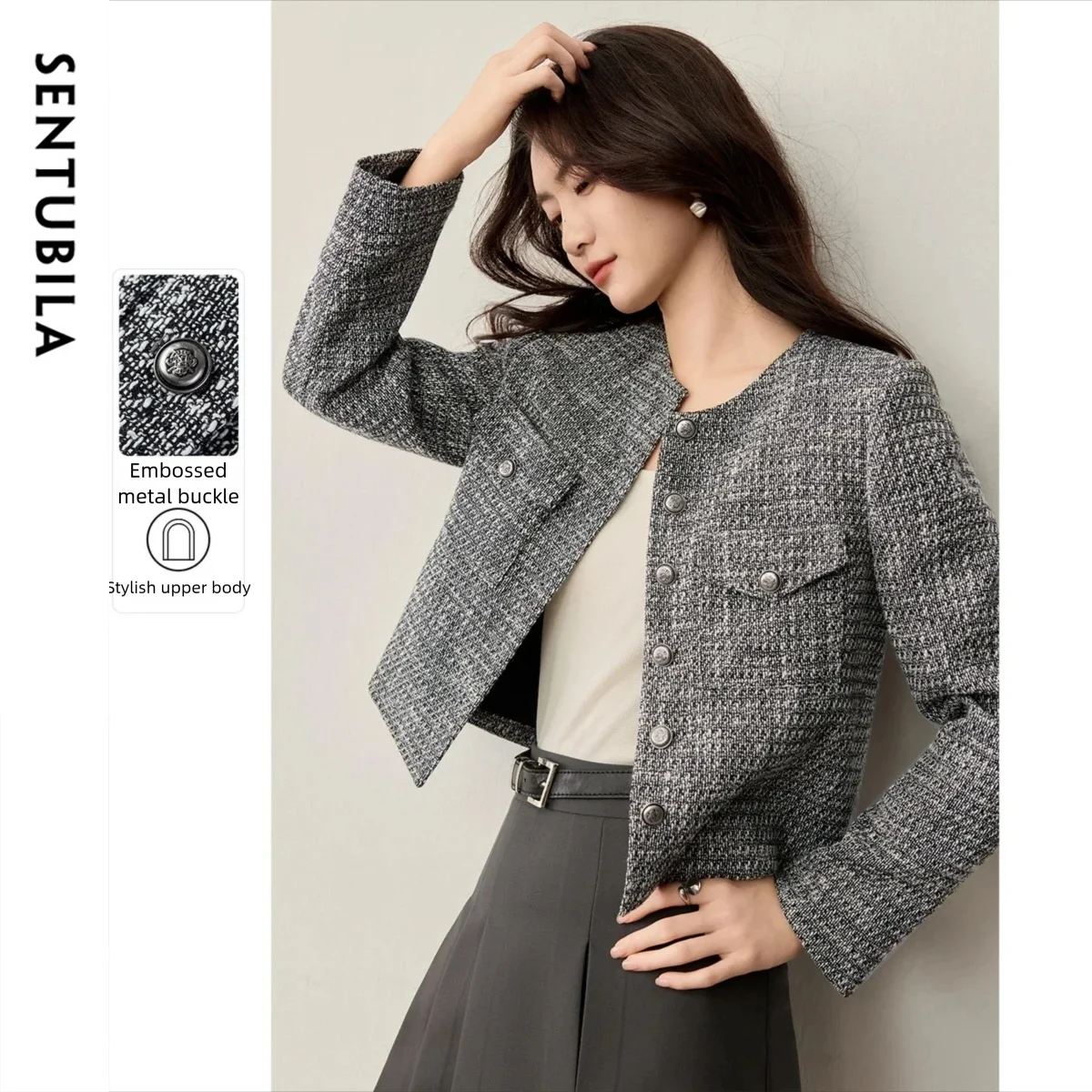 

SENTUBILA тканый твидовый пиджак, женские пальто, осень 2021, женские пальто с маленьким ароматом и длинными рукавами, лоскутная женская верхняя одежда 153WA2658