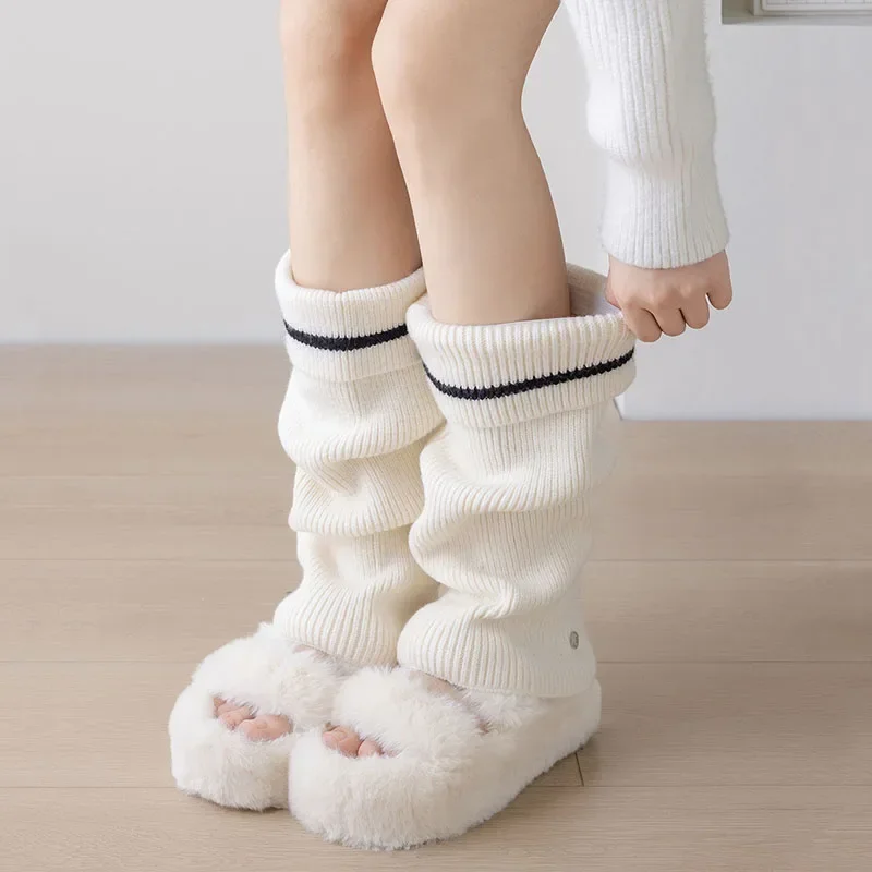 Korea Women Metal Buckle Knitted Wool Cover Sock Pearl Covers Leggings Socks Y2K Leg Warmers Winter Thickened Calf Socks