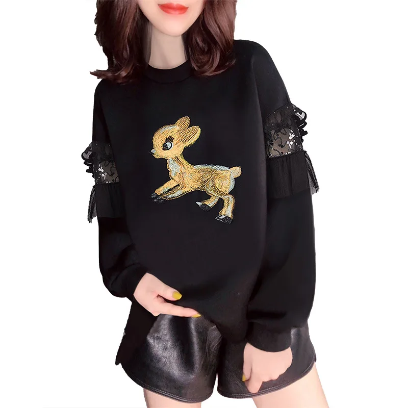 New Women Hoodie Fashion Loose Black Short Wild Deer Pullover Outdoor Leisure Sports Long-sleeved Top