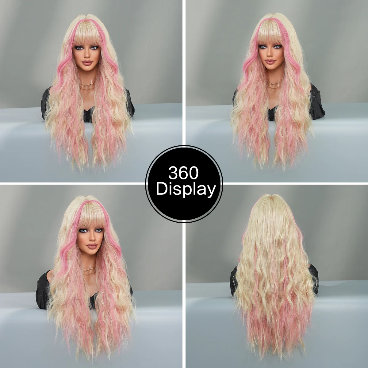 PARK YUN Blonde Wig Long Body Wavy Pink Ombre Blonde Wig for Women Daily Party High Density Synthetic Curly Hair Wigs with Bangs