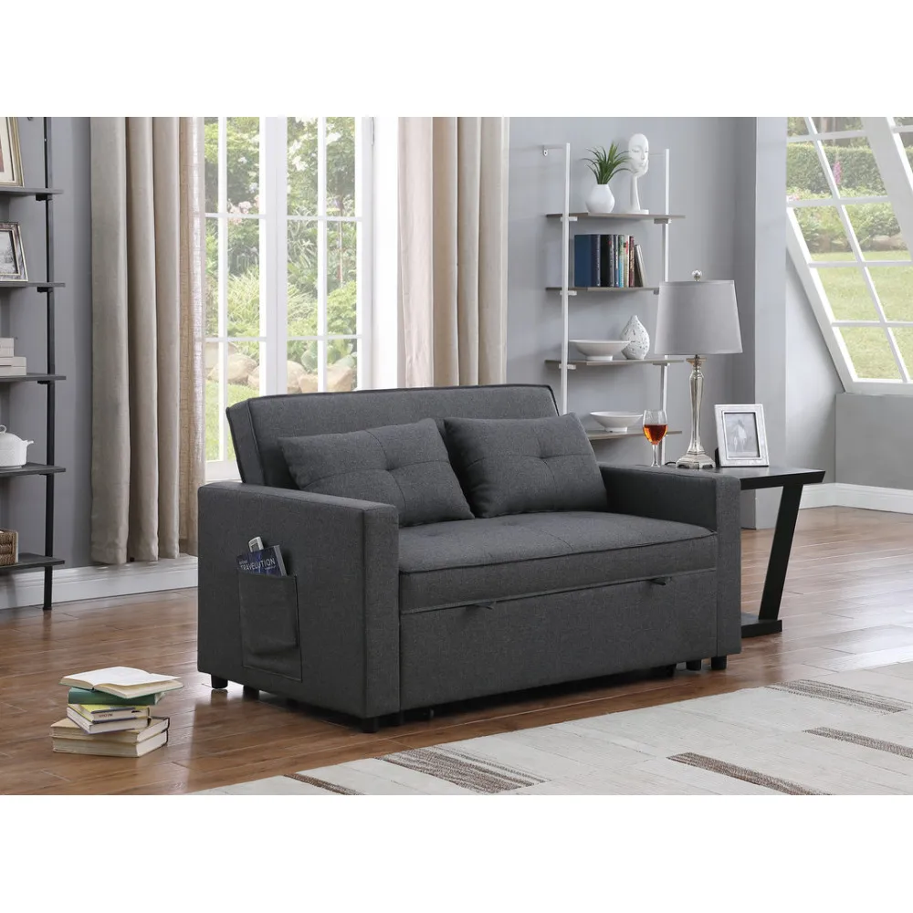 

Zoey 56" Dark Gray Linen Convertible Sleeper Loveseat with Side Pocket