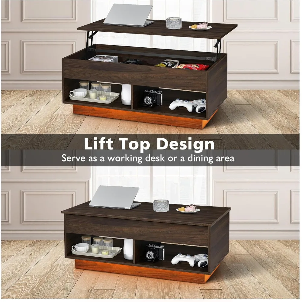 LED Lift Top Coffee Table and TV Stand Set of 2,LED Entertainment Center with Power Outlets for Up To 70