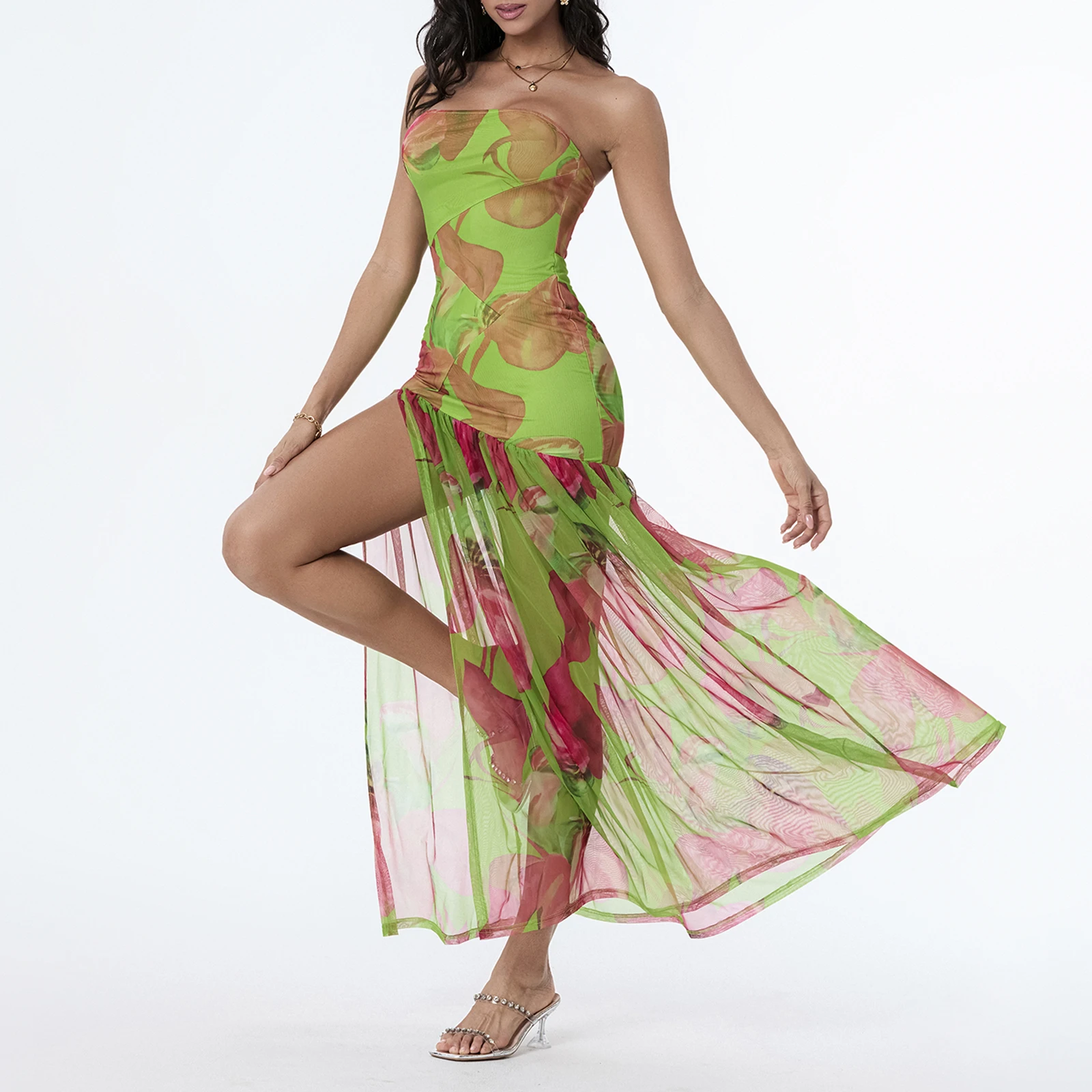 Women's Slim Fit Tube Top Dress Strapless Backless Mesh Patchwork Tropical Print with High Slit for Party Beach Night Outfits