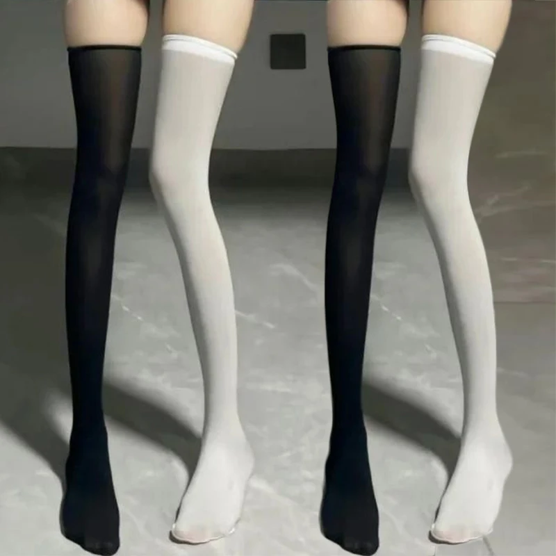 Calcetines de mujer de Color sólido para niñas, medias altas hasta el muslo de Lolita, calcetines largos sexis de encaje para mujeres por encima de la rodilla, medias dulces blancas y negras