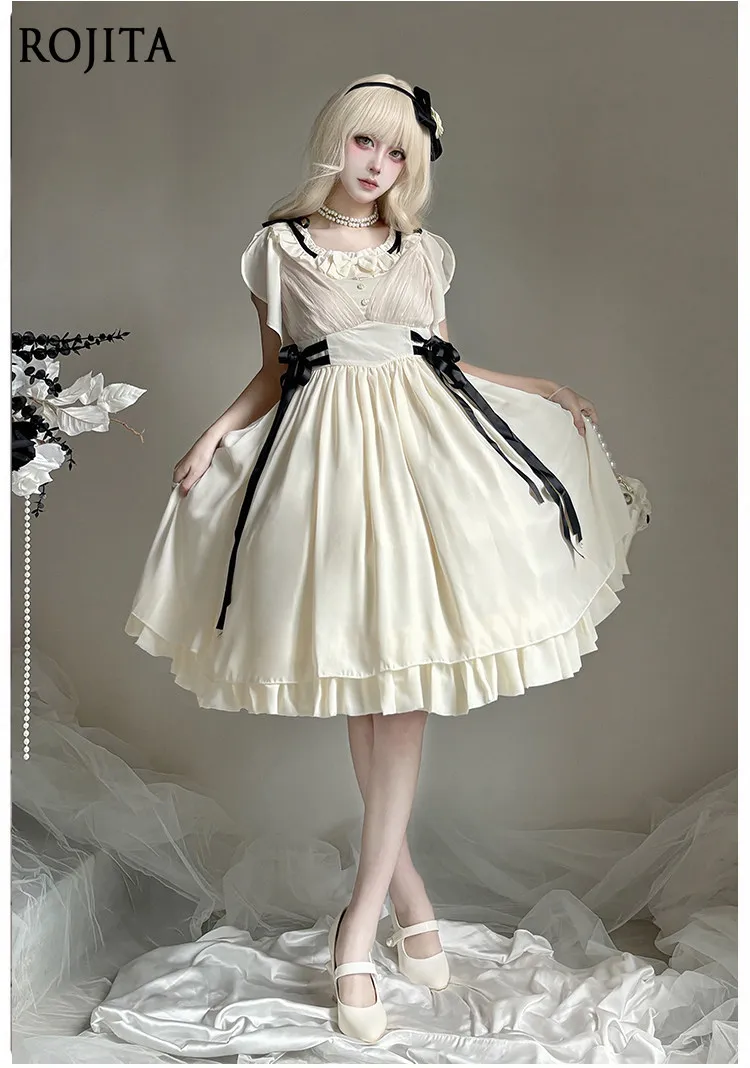

Elegant French Style Sweet Lolita OP Dress with Black Bow Accents Summer Cute Kawaii Gown for Women 2026 New