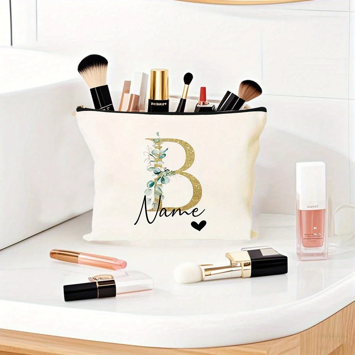 Creative Golden Cursive Design Letter Print Makeup Bag Personalized Name Travel Storage Toiletry Bag Thank You Bag for Gifts