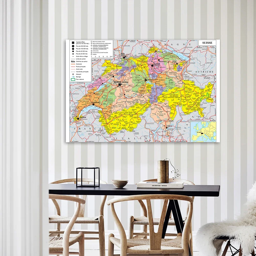 Szwajcaria mapa 150*100cm francuski obraz dekoracyjny ścienny plakat artystyczny włóknina płótno malarstwo szkolne Home Decor