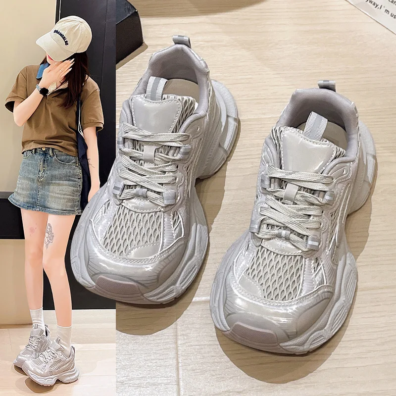 

2025 Spring and Summer Genuine Leather Mesh Breathable Lightweight Running Casual Shoes Sports Thick Sole Dad Shoes for Women