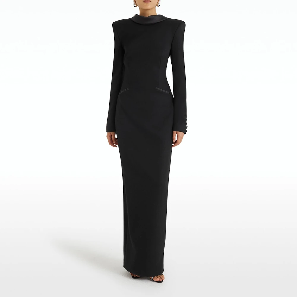 Muloong Black Floor Length Gown in Tuxedo Style and Lapel Detailing Evening Dress Mermaid Low Back Haute Couture Dress