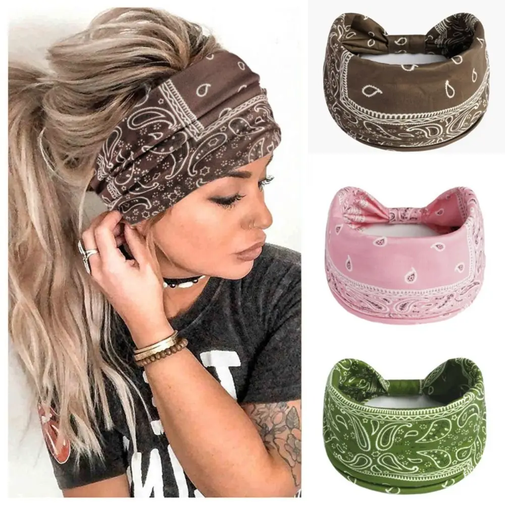 Retro Cashew Print Boho Knot Turbans Headwrap Wide Edge Charming Floral Bandanas Headband Unisex Elastic Cross Headband Sports