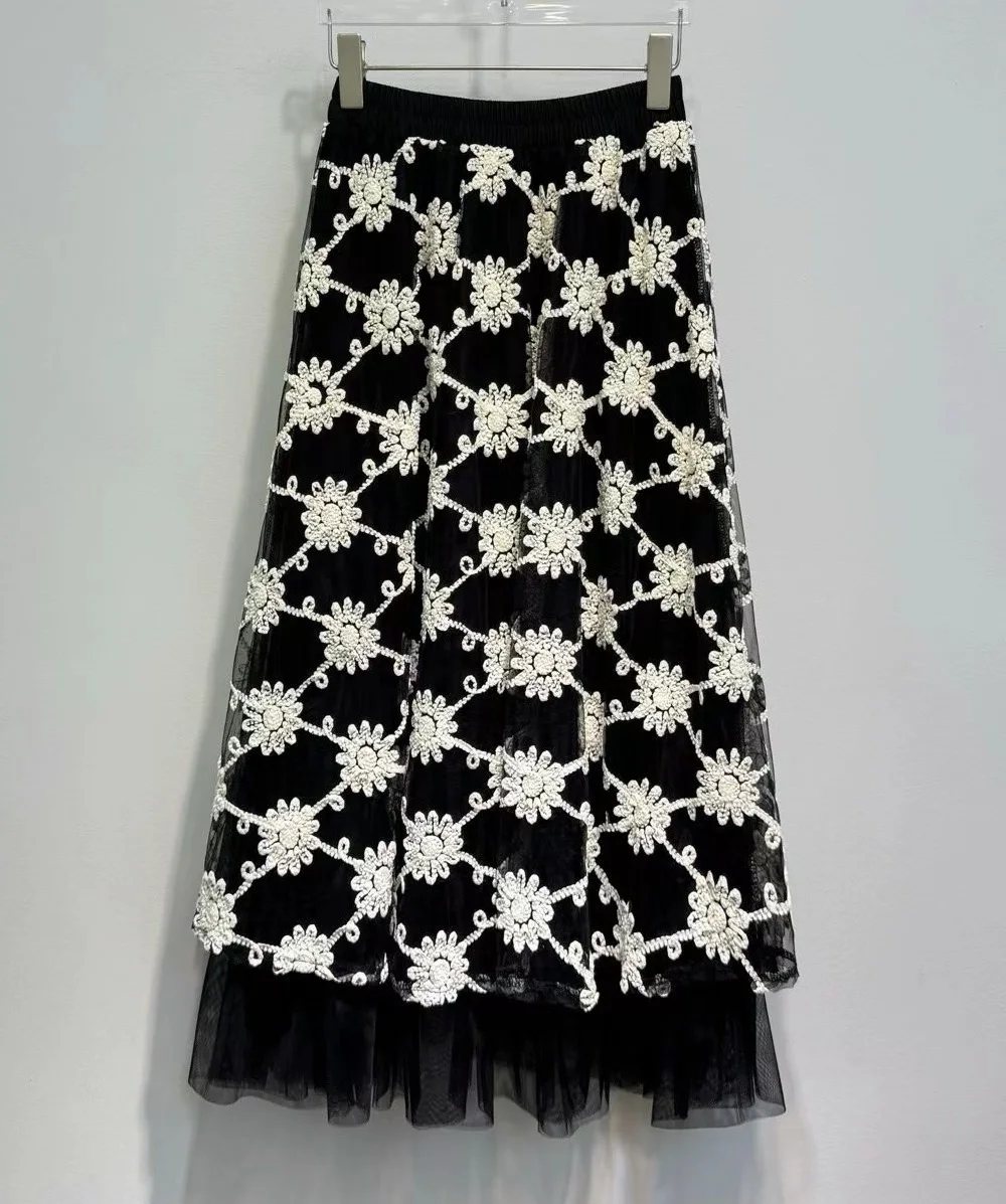 New Hot Sale Long Skirts 2026 Autumn Fashion Women Elastic Waist Allover Flower Embroidery Long Maxi Sexy Tulle Mesh Skirt Black