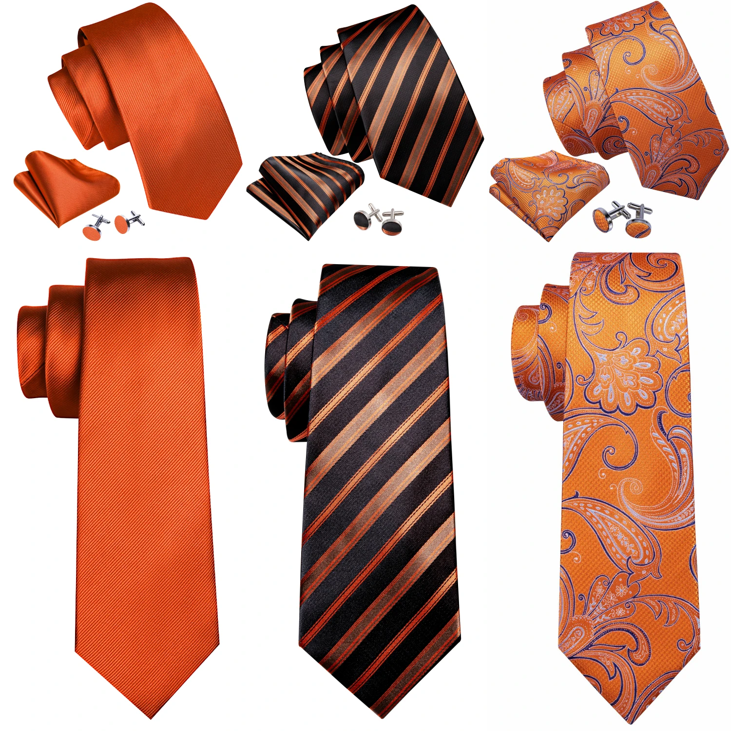 

Barry.Wang Jacquard Orange Men's Tie With Pocket Square Cufflinks Set Exquisiet Necktie For Male Wedding Business