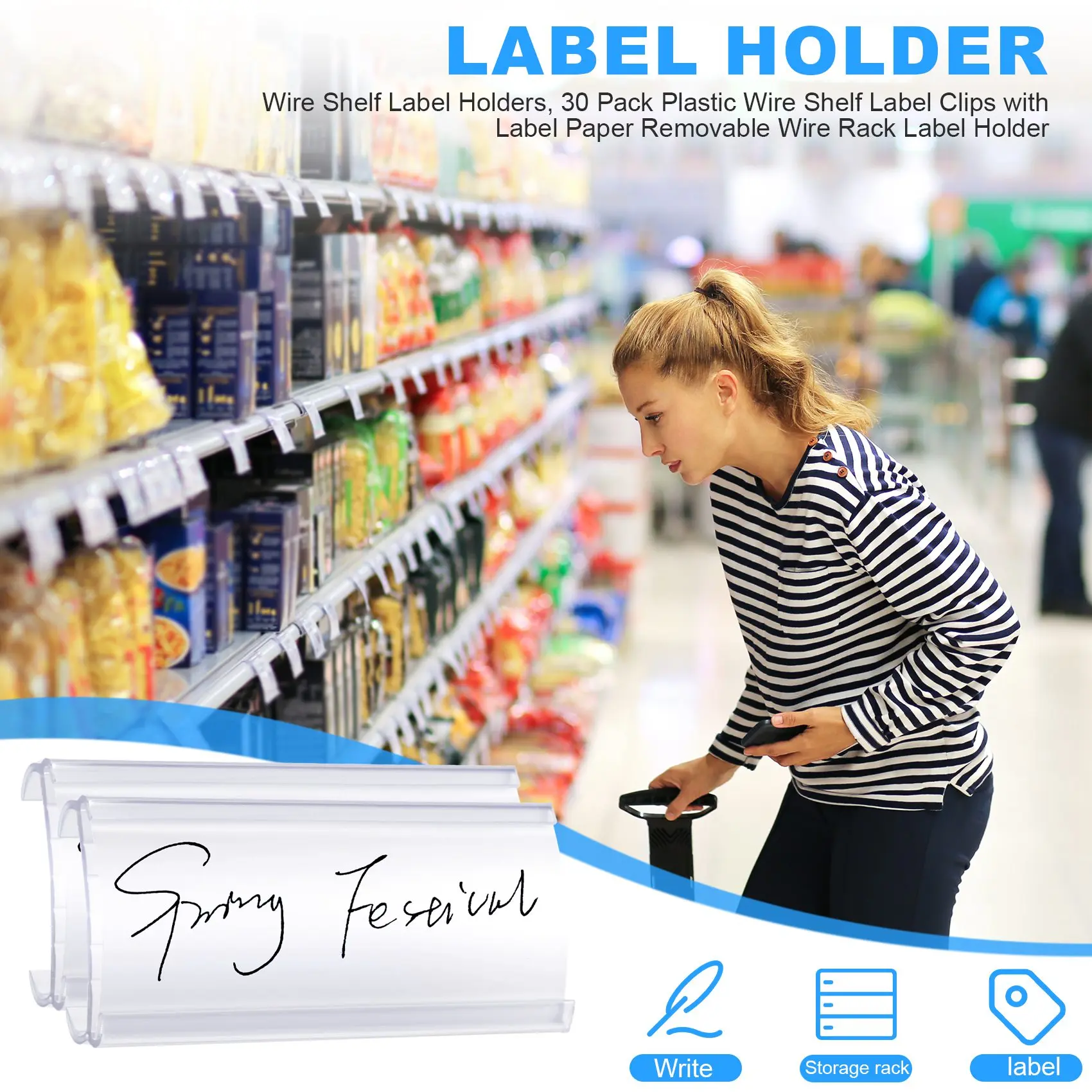 

AK25-Wire Shelf Label Holders, 30 Pack Plastic Wire Shelf Label Clips With Label Paper Removable Wire Rack Label Holder