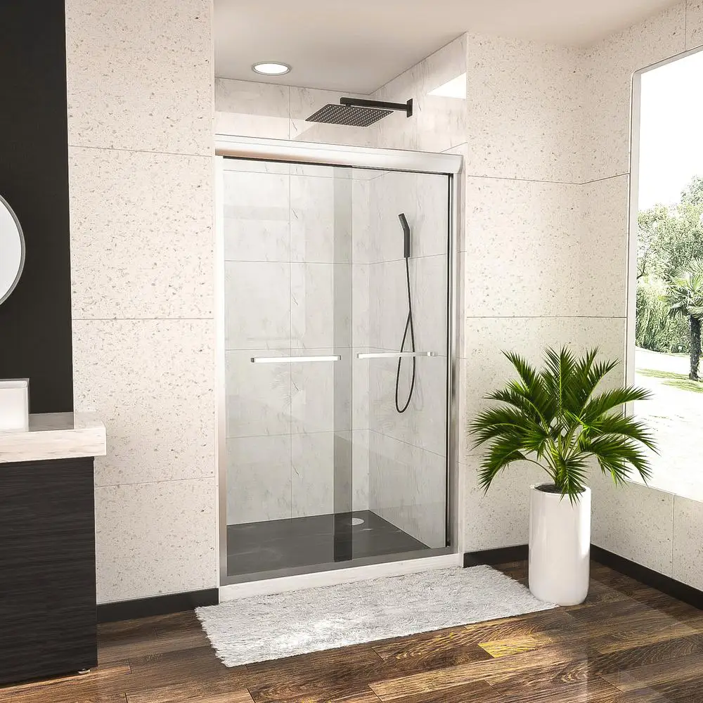 

48" W x 76" H Semi-Frameless Bypass Sliding Shower Door with Chrome Finish 3/8in Tempered Glass Reversible Design Towel Bar