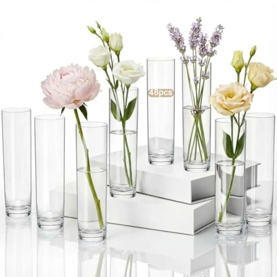 48 Pcs acrylic cylinder bud vases for wedding centerpieces clear plastic tall and slim bulk small vases for single rose home of