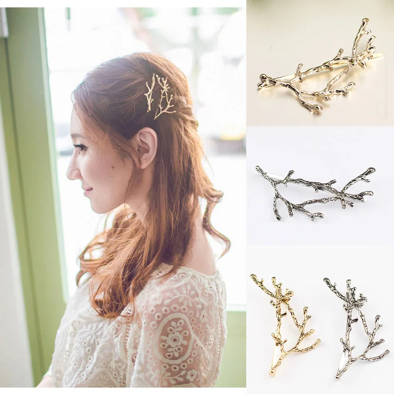 2 pieces Lot Deer Antlers Hair Pins Woodland Branches Silver Plated and Antique Gold Color Metal Hair Bobby Pins