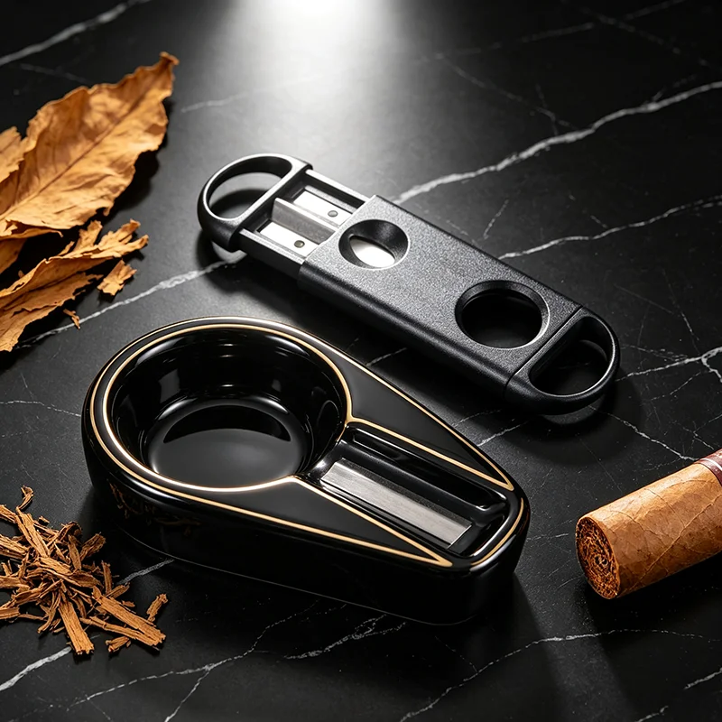 

2Pcs Black Cigar Cutter Gift Box Set Portable V Cut Straight Cutter Puncher Cigar Ashtray Kit