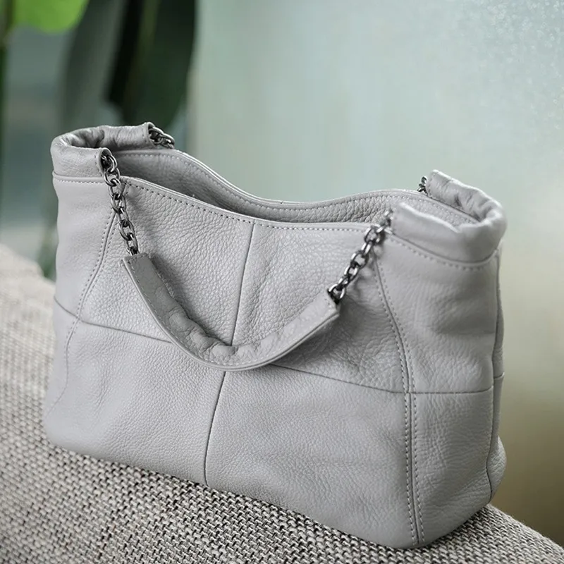 Luxury Handbag Female Soft Cowhide Skin Chain Bag 100% Genuine Leather Tote Bags For Women Gray Shoulder Crossbody Messenger Bag