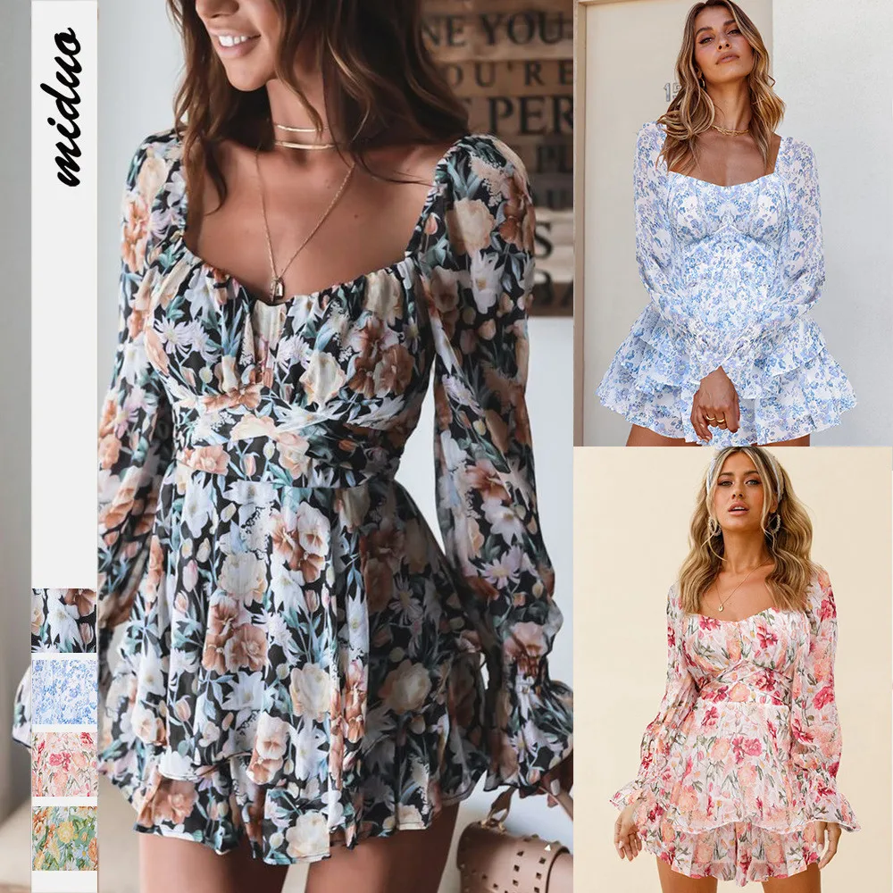 

One-piece pants new floral women's sexy backless fashion square neck long-sleeved ruffled shorts tide