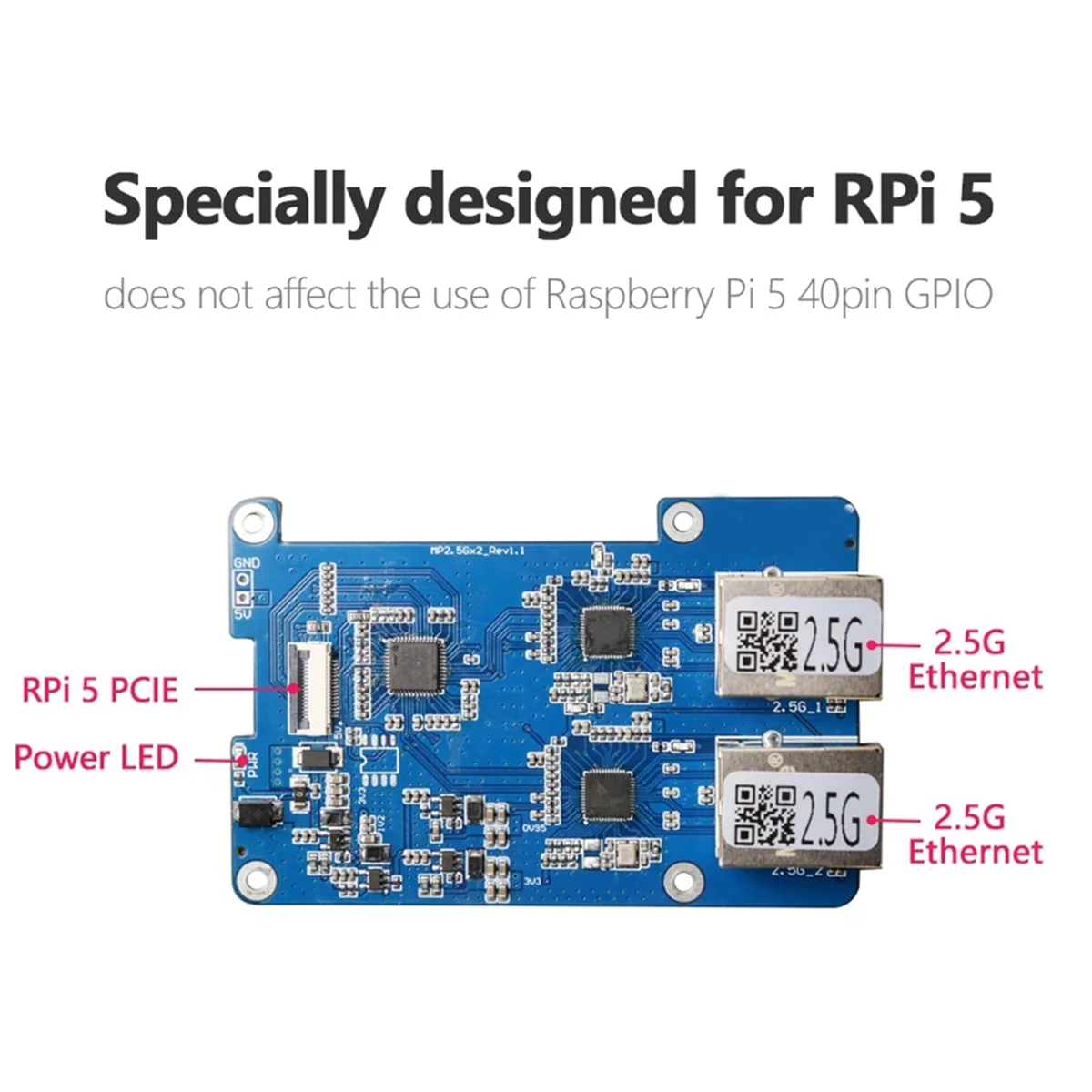 

MP2.5GD for Rasbperry Pi 5 PCIE to Dual 2.5G Ethernet HAT RTL8125 Expansion Board Support for RPi OS and