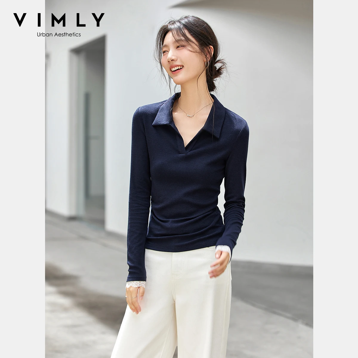 

VIMLY Navy Blue Women Long Sleeve T-shirts 2025 Autumn New Lace Spliced Cuff Casual Tee Polo Neck Slim Knitted Ladies Tops A2181