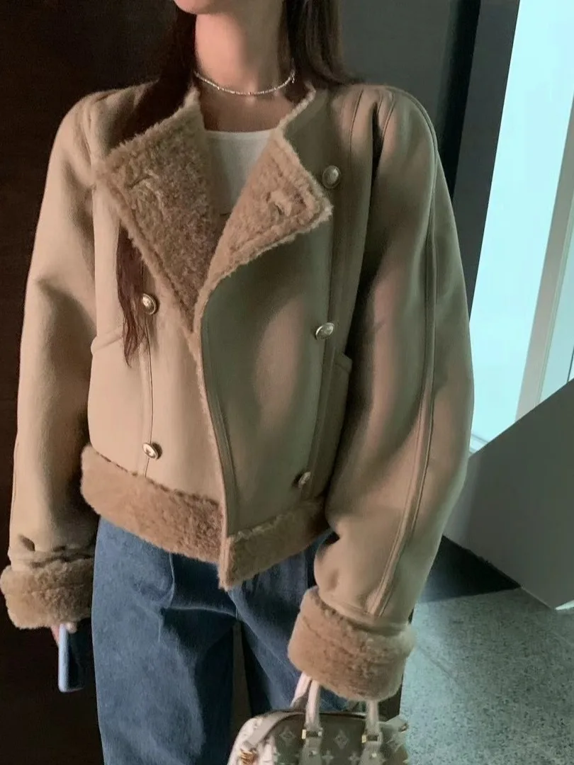 

Chic Retro Double-Breasted Fur Leather Inteated Warm Long Sve Women's Coat Hong Kong Sle High-End Sensation Haome C...