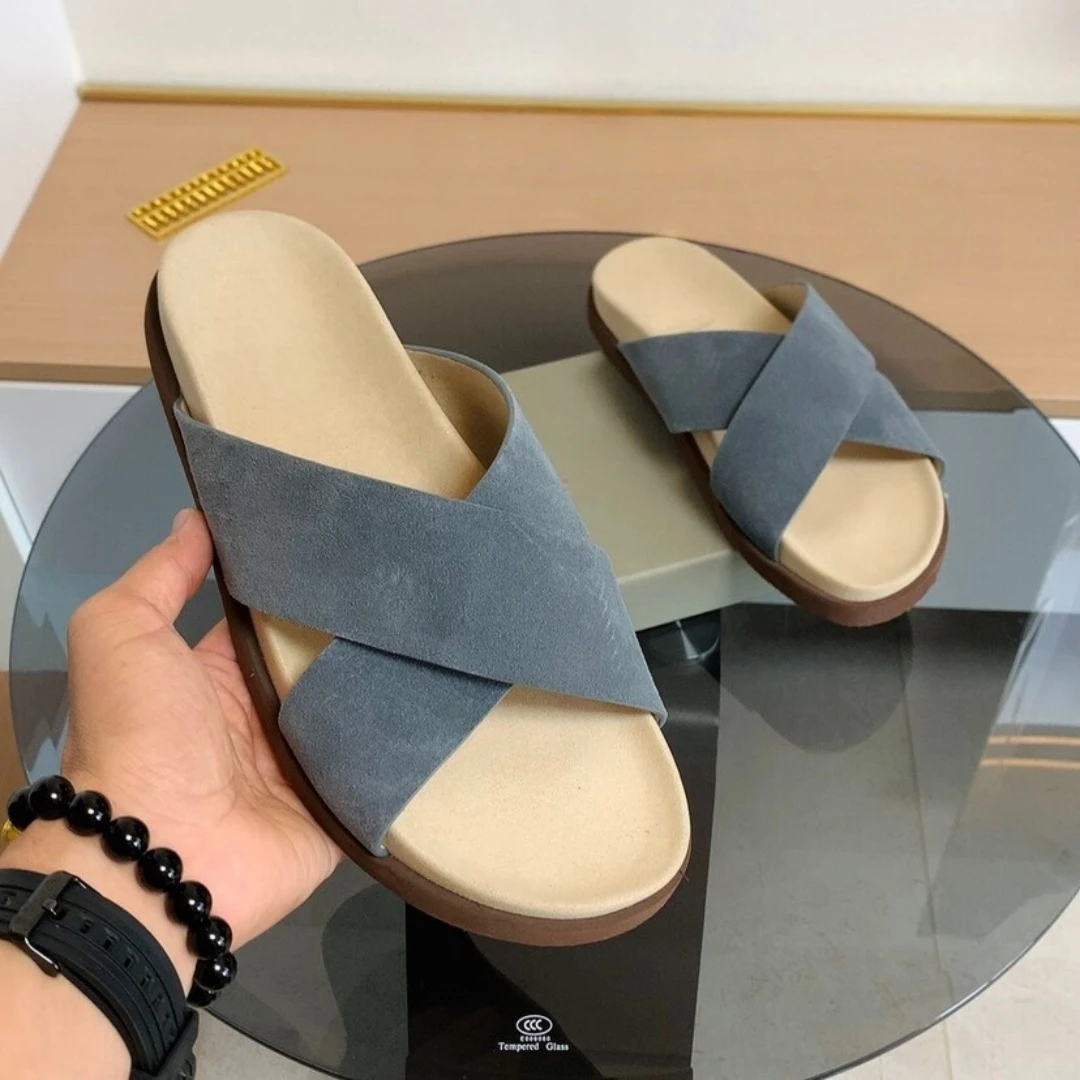 

Luxury Brand Leather Slides Handmade Men's Shoes Suede Sandals Indoor Outside Fashion Slippers Beach Garden Footwear Gifts