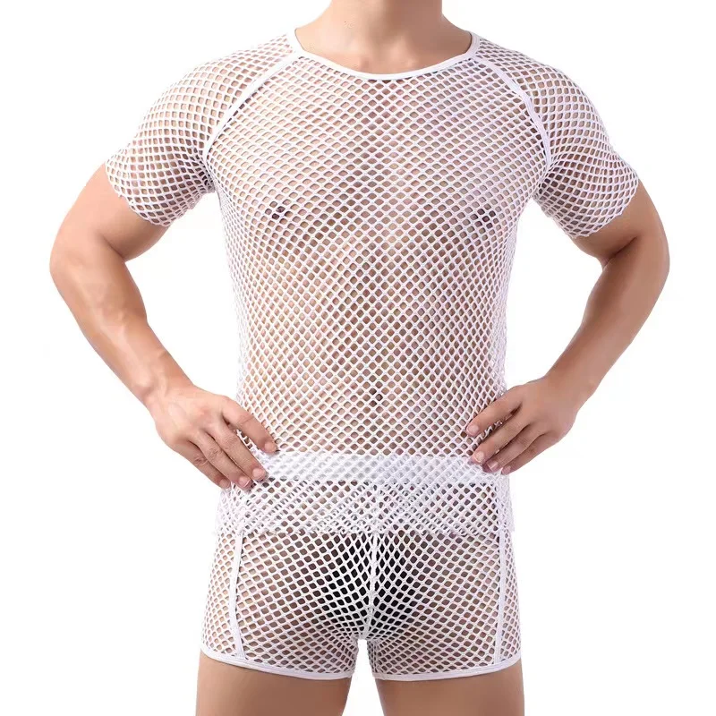 Fashion Mens Sexy Mesh See-Through Shirts Costume Fish Net t-Shirt Short Sleeve Nightclub Sheer Tops Shirt set