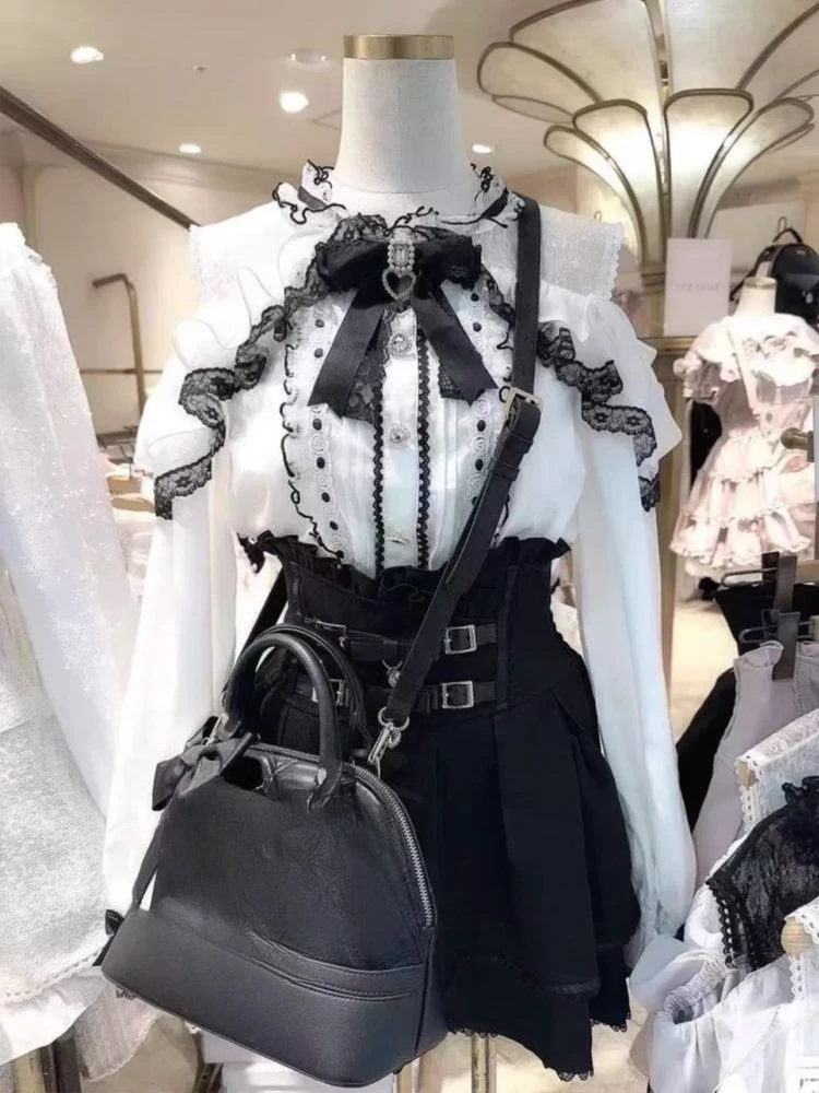 

Japanese Sweet Cute 2 piece set Girl White Tops Bow Lace Patchwork Long Sleeve Shirt high waist y2k mini Skirt Set chic