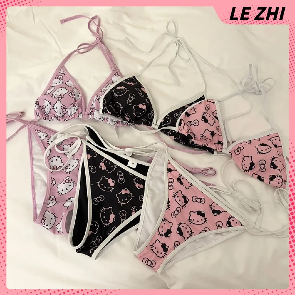 Summer Day Sanrio Hello Kitty Cartoon Pajama Bikini Set Y2K Suits Womens Sleep Bottoms Lounge Home Wear Beachwear Two-Piece