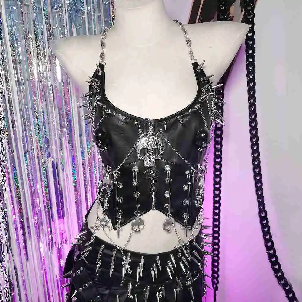 

E-Girls Skull Vintage Goth Cross Emo Gothic Trendy Punk Rock Spike Studded Rivet Grunge Chain Y2K Halter Camisole TOPS Harajuku