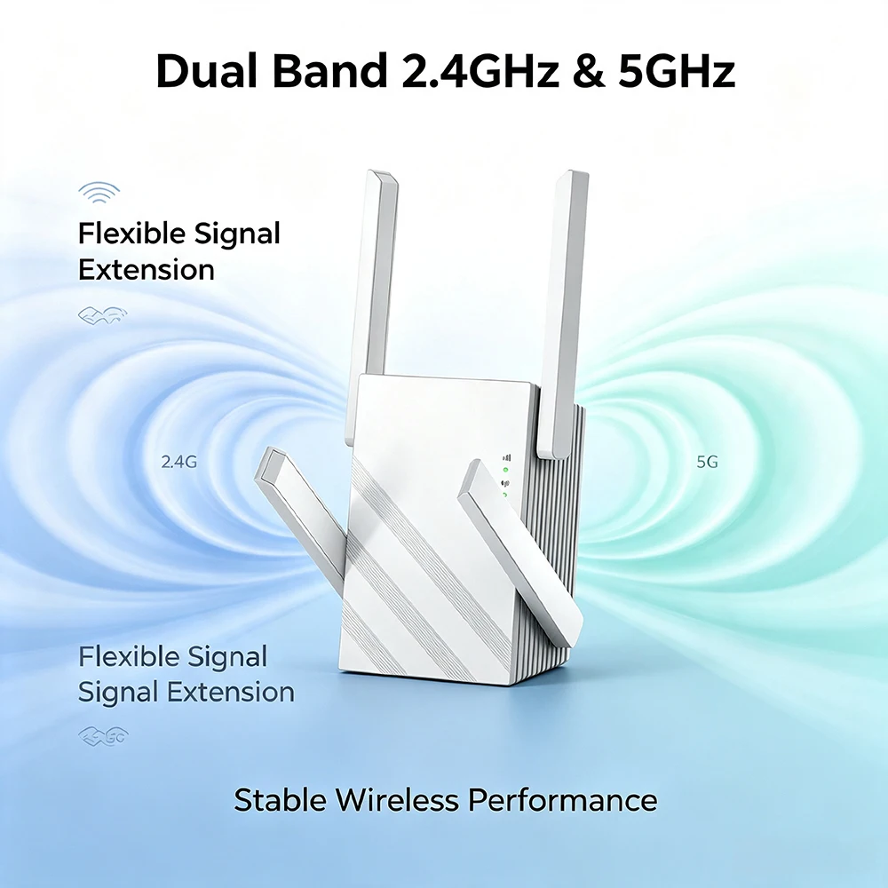 WiFi Range Extender Dual Band Wireless Repeater 1200Mbps AC1200 Smart Network Signal Booster with Ethernet Port WPS for Home OEM
