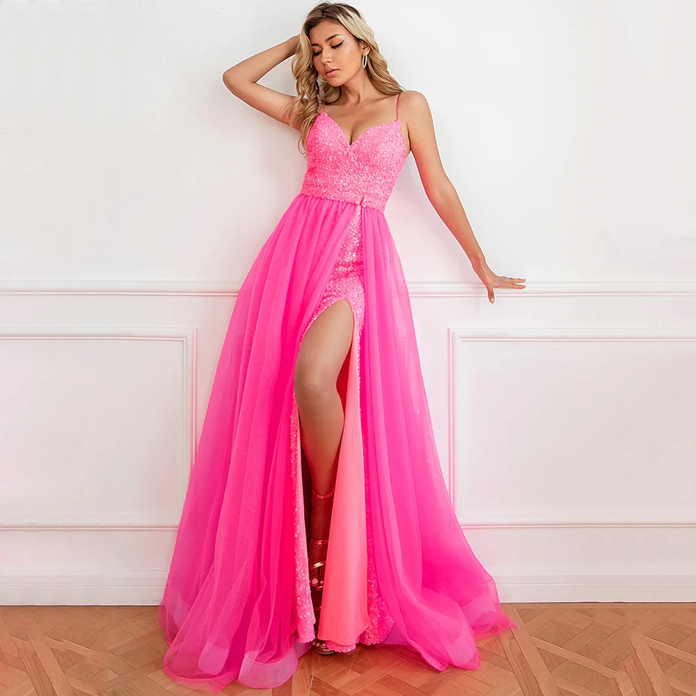 

Classic Spaghetti Straps Sequin Evening Dress Sleeveless Floor Length Detachable Tulle Train Side Slit Women Banquet Gowns