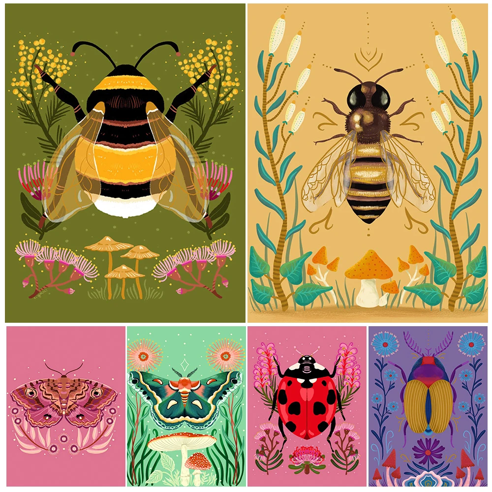 Lilac Golden Beetle And Bumble Bee Nature Inspired Wall Art Canvas Print Insects And Bugs Botanical Art Poster Print Home Decor