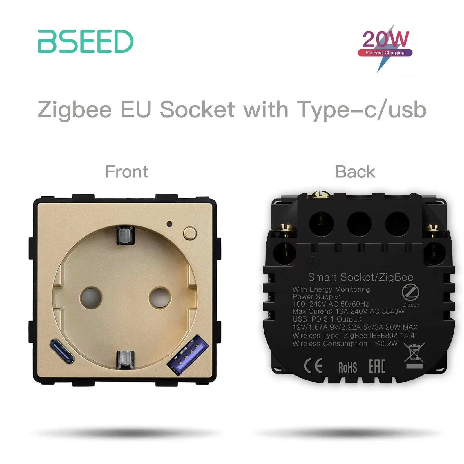 BSEED Zigbee Smart Socket Part Power Monitor Outlet met USB Type-C DIY-onderdelen 20W snel opladen Tuya Smart Life Alexa App-bediening