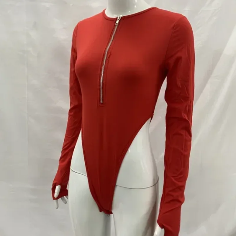 أزياء مثيرة الصلبة سستة طويلة الأكمام جولة الرقبة ضيقة عالية الخصر قمم أوروبا أمريكا الشارع الملابس النسائية ارتداءها