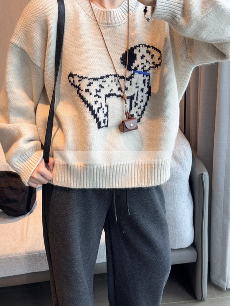 

Cute Dog Pattern Knitted Loose round Ne Sweater Sweet Sle ort Length Korean Lazy Age Reduction Feeling