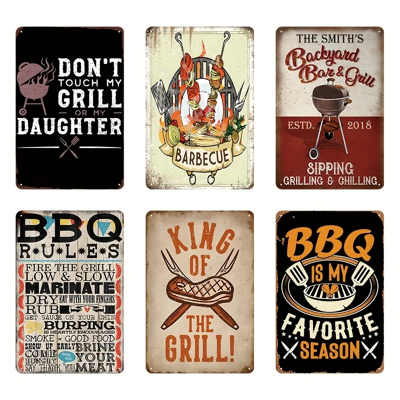 2D Flat, 6pcs 2D Flat Vintage BBQ Metal Tin Sign Set - 