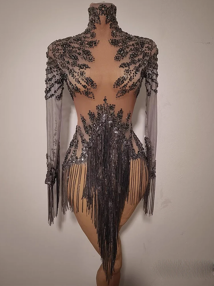 High Quality Rhinestone Tassel Sexy See Through Mesh Long Sleeved Jumpsuit 2025 New Fashion Custom Women'S Clothing